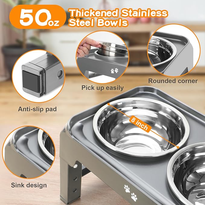Elevated Bowls, 4 Height Adjustable Raised Stand With 2 Thick 50oz Stainless Steel Food Bowls, Non-Slip Feeder for Large Medium Dogs, Adjusts to 3.7", 9.2", 10.75", 12.36" Grey