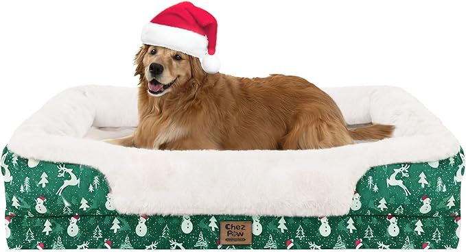 Christmas Washable Orthopedic Large Dog Bed - Removable Orthopedic Foam Pet Couches with Bolsters Waterproof Large Dog Bed and Non-Slip Bottom Extra Large Pet Sofa - Green
