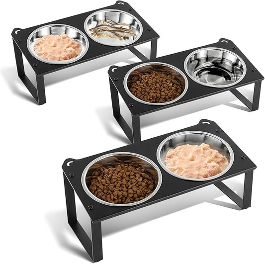 3 Set Elevated Cat Food Water Bowls, 6 Stainless Steel Bowls for Indoor Pet with Cute Metal Stand, 10° Tilted Anti-Vomiting Raised Wide Shallow Cat Dishes Whisker Friendly for Multiple Kitten,Puppy