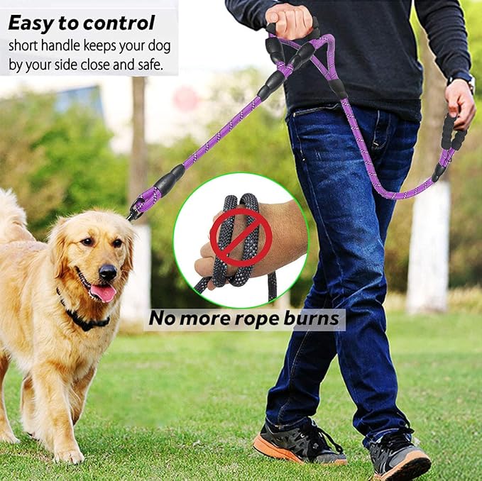JSXD 5 FT Heavy Duty Double Handle Dog Leash with Comfortable Padded and Reflective Rope, for Small, Medium, Large Dogs (Rope-Purple)
