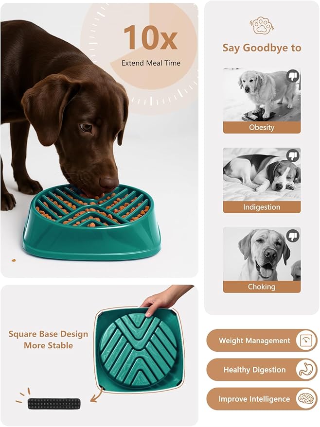 KASBAH Slow Feeder Dog Bowls Large Breed, Holds 5 Cups Wet or Dry Food for Large and Medium Dogs,Puzzle Maze for Fast Eaters,Square Base,Non-Slip, Made Without BPA,Helps Prevent Bloat & Aid Digestion