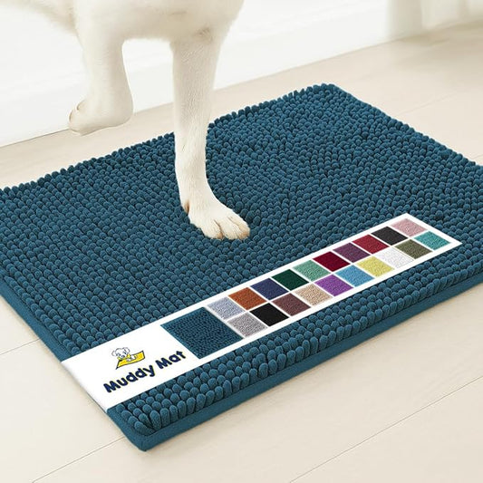 Muddy Mat® AS-SEEN-ON-TV Highly Absorbent Microfiber Door Mat and Pet Rug, Non Slip Thick Washable Area and Bath Mat Soft Chenille for Kitchen Bedroom Indoor and Outdoor - Atlantic Blue 3ft x 8ft