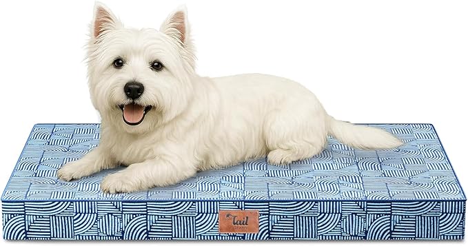 Outdoor Dog Bed for Small Dogs & Cats, Waterproof Dog Crate Mat Orthopedic Egg Crate Foam with Washable Removable Oxford Cover, White Blue