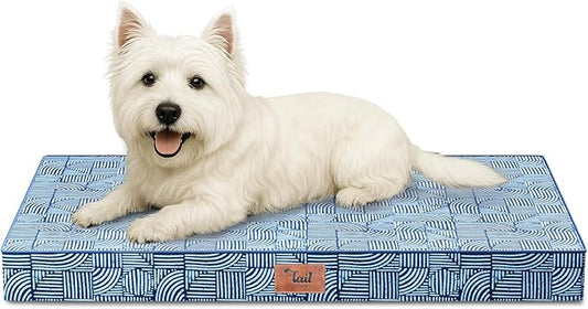 Outdoor Dog Bed for Small Dogs & Cats, Waterproof Dog Crate Mat Orthopedic Egg Crate Foam with Washable Removable Oxford Cover, White Blue
