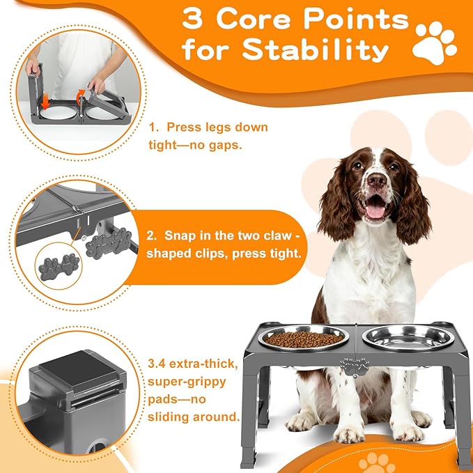 Foldable Elevated Dog Bowl Stand with Dual 7.8" Stainless Steel Bowls, 5 Adjustable Heights (3.9"-13.4"), Anti-Slip Portable Travel Pet Feeder, Fits 5.5"-27" Shoulder Height Dogs, Grey