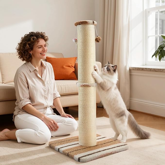 Joydeco Cat Scratching Post 38 Inches Heavy Duty and Thick Scratching Post Sisal Rope with Hanging Ball and Mice for Indoor Cats(Coffee)