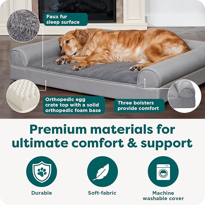 Furhaven Orthopedic Dog Bed for Large Dogs w/ Removable Bolsters & Washable Cover, For Dogs Up to 95 lbs - Plush & Suede Sofa - Gray, Jumbo/XL