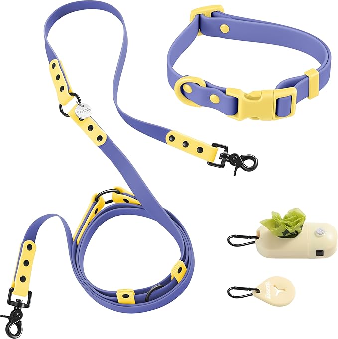 WLK1004C-5SET Luna Small 8FT Adjustable 6-in-1 Waterproof Hands-Free Leash and Collar with LED Flashlight, Bag Dispenser, and Poop Bag Holder, Curaçao