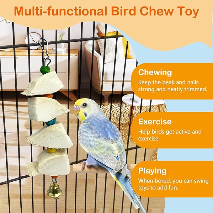 3 Pack Bird Chewing Toy Cuttlebone Parrot Toy with Bell Hanging Bird Beak Grinding Stone Parakeet Cage Accessories for Small Budgies Lovebirds Cockatiels (Block, 4 Per Skewer)
