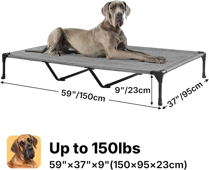 Veehoo Outdoor Elevated Dog Bed Large Sized Dogs, XXL Cooling Raised Dog Cots Beds Training Platform Off Ground Hammock with Breathable Mesh, No-Slip Feet, 59"x37.5", Black Silver