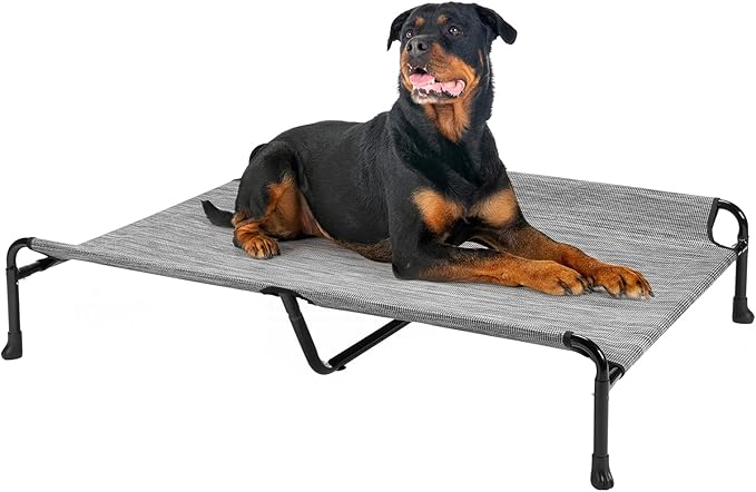 Veehoo Elevated Dog Bed, Raised Dog Cots for Large Dogs, Waterproof Outdoor Dogs Bed, Cooling Pet Hammock with Guardrail, Upgraded Non-Slip Feet, Breathable Teslin Mesh, Black Silver, 47x 29 inches