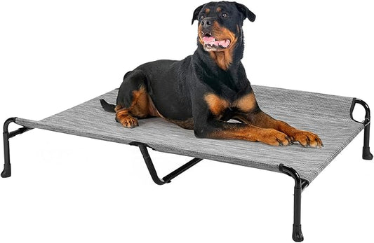 Veehoo Elevated Dog Bed, Raised Dog Cots for Large Dogs, Waterproof Outdoor Dogs Bed, Cooling Pet Hammock with Guardrail, Upgraded Non-Slip Feet, Breathable Teslin Mesh, Black Silver, 47x 29 inches