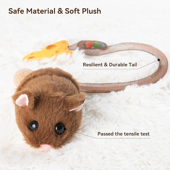 Migipaws Interactive MigiMouse Cat Toy 360° Rolling & Spin with Wiggling Tail for Indoor Cats Smart Motion Sensor, Realistic Squeak, Rechargeable Plush Kitten Toy (Brown)