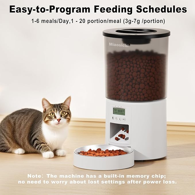 Automatic Cat Feeder with Dual Power Supply,Programmable 1-6 Meals Control Dry Cat Food Dispenser for Small Dog,Flexible Schedule Timer,10S Voice Record (White, 4.2L Basic Model)