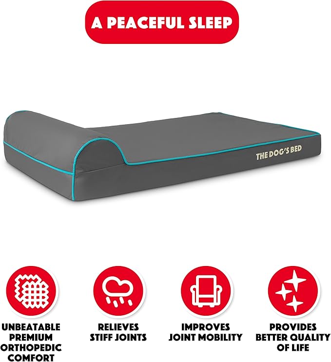 The Dog’s Bed Orthopedic Headrest Dog Bed Large Grey with Blue Trim, Memory Foam, Pain Relief for Arthritis, Hip & Elbow Dysplasia, Post Surgery, Waterproof Washable Cover