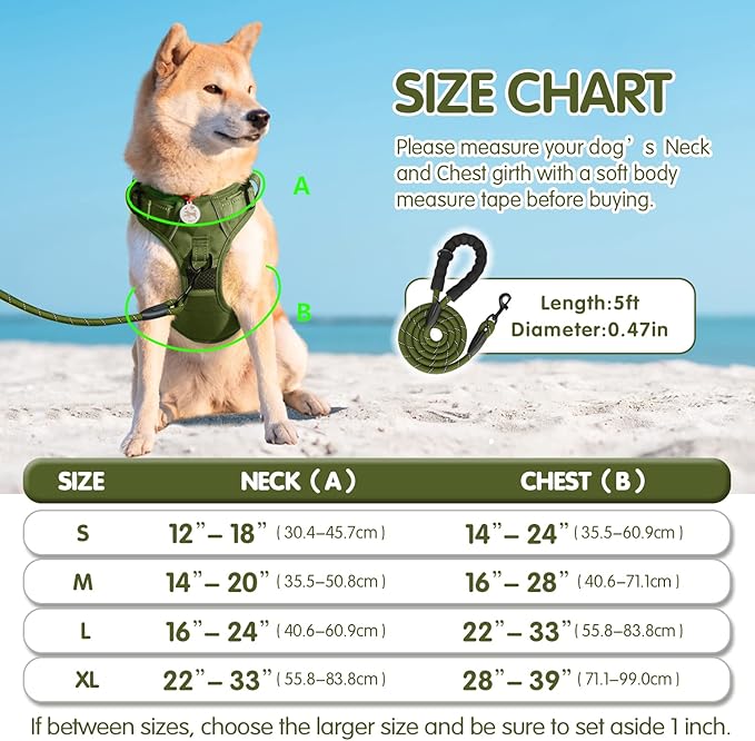PoyPet No Pull Dog Harness and 5 Feet Leash Set, Release on Neck Reflective Adjustable Pet Vest, Front & Back 2 D-Ring and Soft Padded Pet Harness with Handle for Small to Large Dogs(Military Green,L)