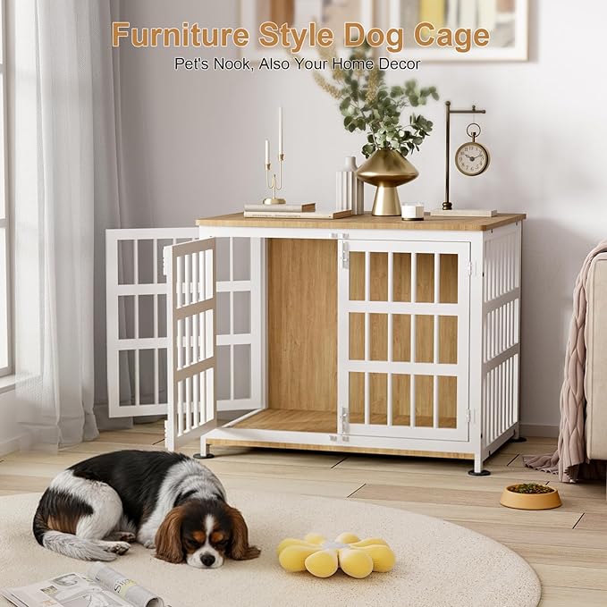 33" Dog Crate Furniture for Medium & Small Dogs with Wheels, Heavy Duty Dog Cage, Indoor Puppy Crate, Wooden Dog Kennel Table, 32.6"L x 22.8"W x 25.8"H, Decorate House as End Table — Natural and White