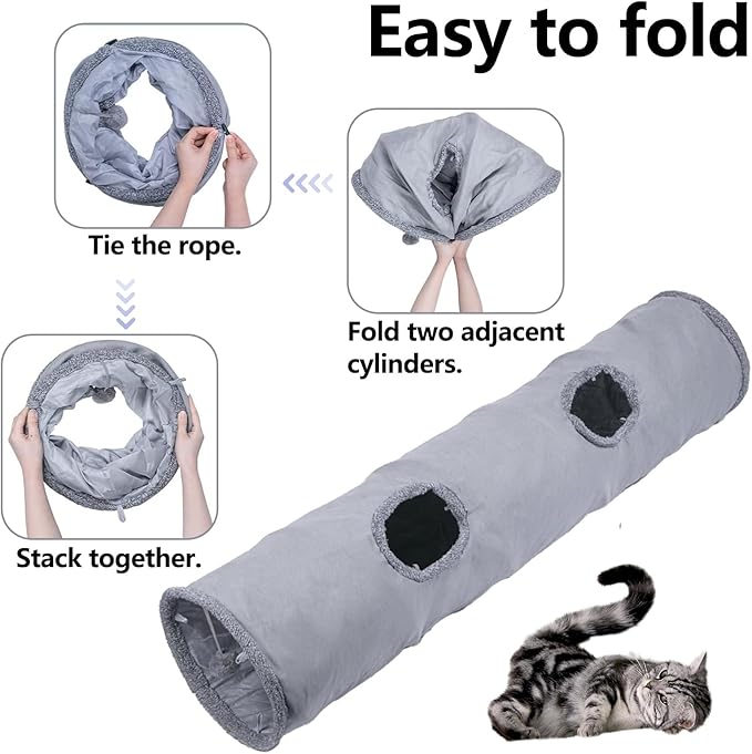 Collapsible Cat Tunnel with Play Ball - Durable Suede Indoor Cat Play Tube for Kitten, Puppy and Rabbit (Medium)
