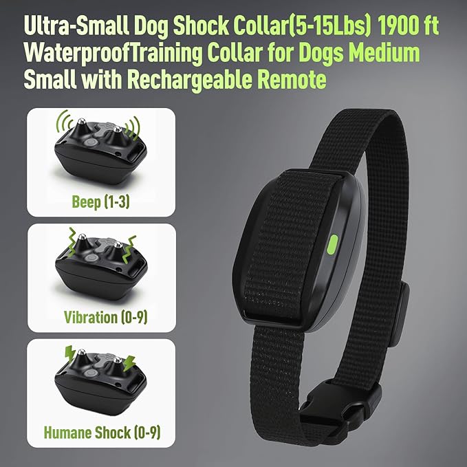 Dog Shock Collar 2 Dogs (5-15Lbs)，1900 ft Waterproof Training Collar for Dogs Medium Small with Rechargeable Remote，Beep (1-3) Vibration (0-9) and Humane Shock (0-9) Modes