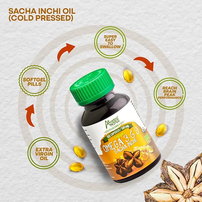 Amazon Andes Sacha Inchi Oil Capsules - Source of omegas 3, 6 and 9 - Healthier Source of Essential Fatty Acids - Vegan, Non-GMO, Allergen-free & Gluten Free - 100 Softgel Pills (500mg) - Made in Peru