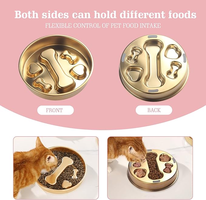 Golden Stainless Steel Slow Feeder Dog Bowls – Non-Slip Metal Dog Bowl for Large & Medium Breeds, Puppy Puzzle Feeder – 2 Cup for Small to Big Pets – Durable Slow Feed Dog & Cat Food Dish with Mat