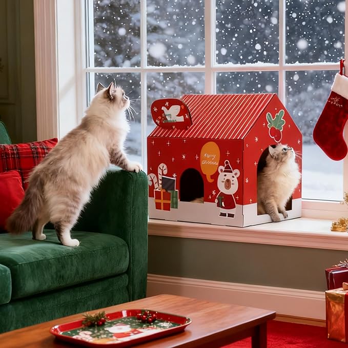 Christmas Cardboard Cat House with Scratching Pad (15"x12"x15") Christmas Decorations Scratching Pad for Kitty Cat Play House for Indoor Cats Christmas Green