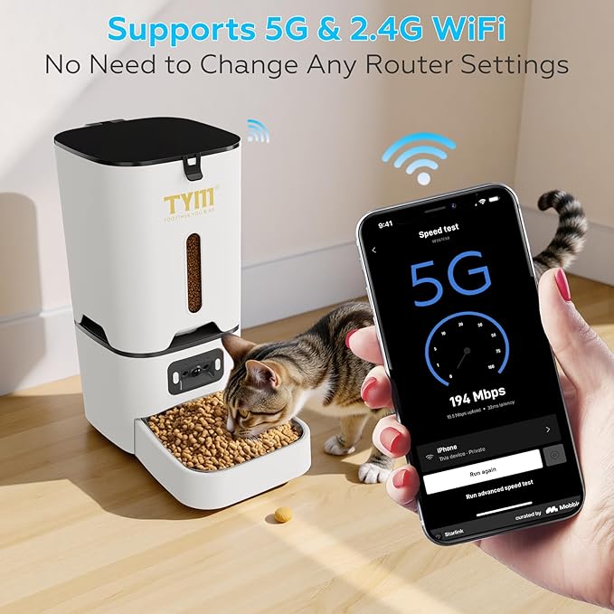 TYM Automatic Cat Feeder with Camera, 5G WiFi Timed Automatic Dog Feeder with APP Control, 7L Remote Feeding Auto Cat Food Dispenser, Reliable, Easy Cleaning, Keeps Food Fresh