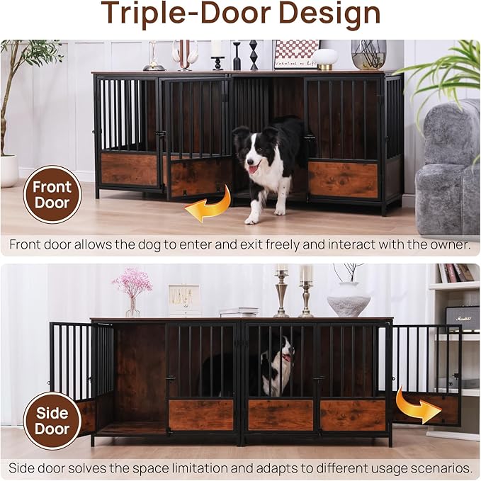 75" Wooden Dog Crate Furniture – Chew-Resistant Kennel for Medium/Large Breeds,3-Door Indoor Kennel with 3.1" Raised Feet, Multi-Functional TV Stand & End Table (Brown, 75 * 26.3 * 32.1 inch)