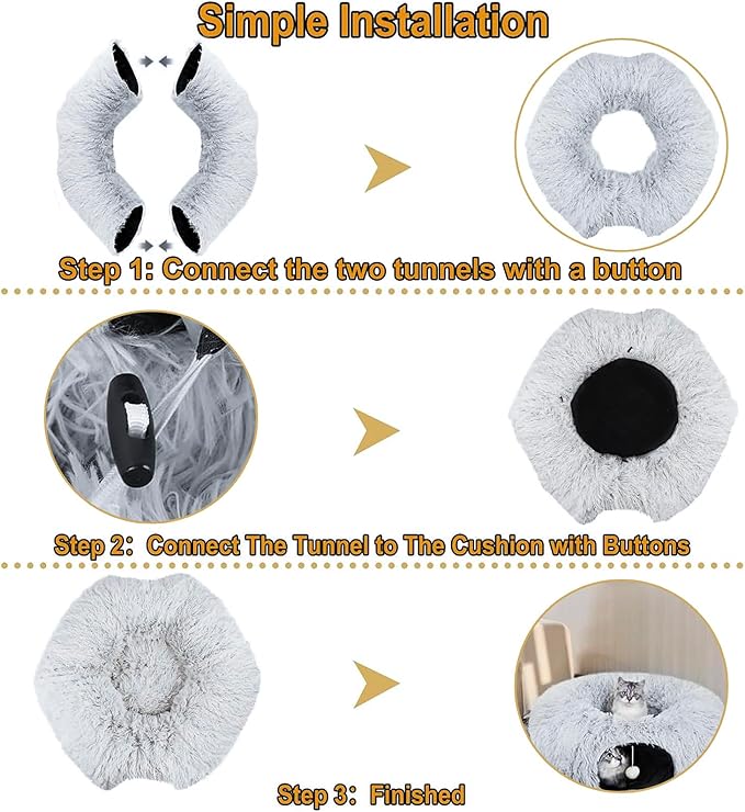 CLKHOWL Cat Tunnel Bed for Indoor Cats - Cute Cat Donut Tunnel with Washable Circle Cushion, Round Pet Play Toy for Kitten/Puppy/Rabbit, Grey