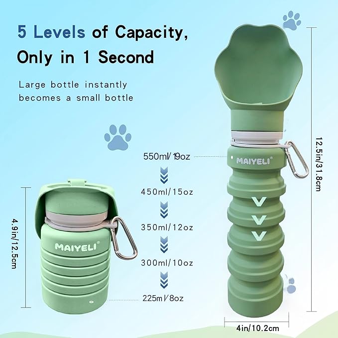 Collapsible & Portable Dog Water Bottle with Dispenser for Walking, Travel, and Outdoor, 9oz-17oz Leak-Proof Silicone Water Bottle for Dogs on The Go (Green)