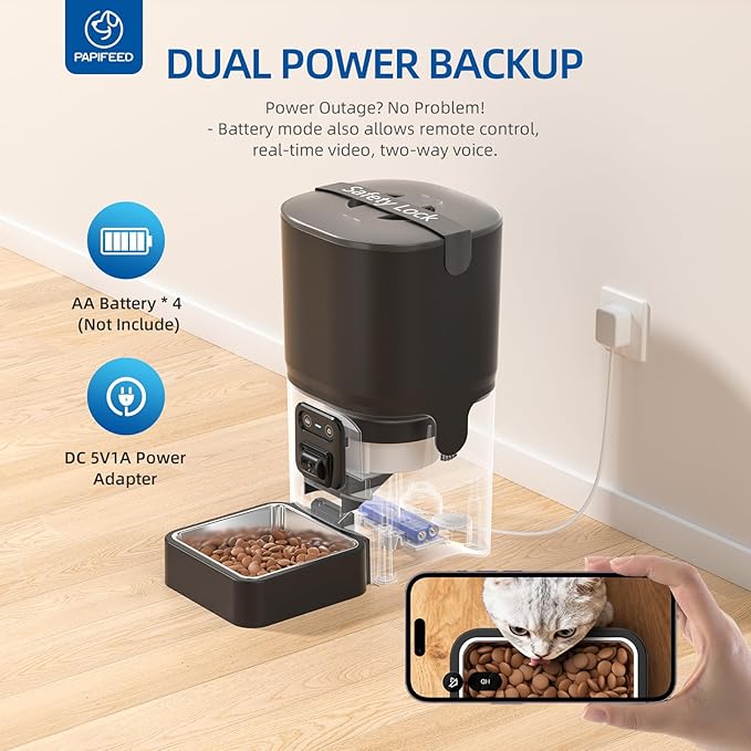 PAPIFEED Automatic Cat Feeder 6L 2.4G WiFi Smart Pet Feeder with Camera & Two-Way Audio, Adjustable Angle, Easy to Clean Detachable Feeding Schedule 1-10 Meals Per Day for Cats & Small Dogs - Black