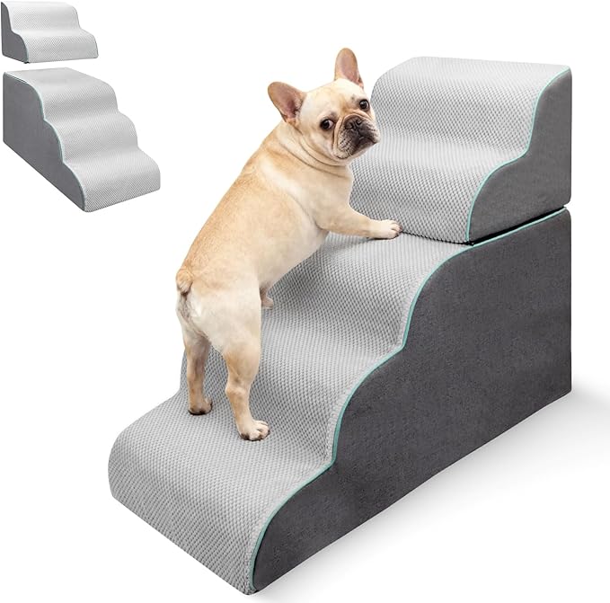 Dog Stairs Ramp for Small Dogs,5-Step Dog Steps,Foldable Pet Stairs for High Beds and Couch,Curved 2 in 1 with Zippers Non-Slip Balanced Pet Ramp and CertiPUR-US Certified Foam,Grey