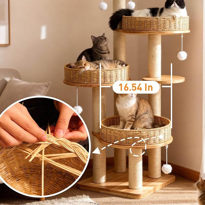 Modern Cat Tree for Indoor Cats Large Adult, 54‘’ Tall Cat Tower with Scratching Post, Wooden Cat Tree for Large Cats with Multi-Levels, 4 Weaving Washable Handwoven Rattan Cat Condo