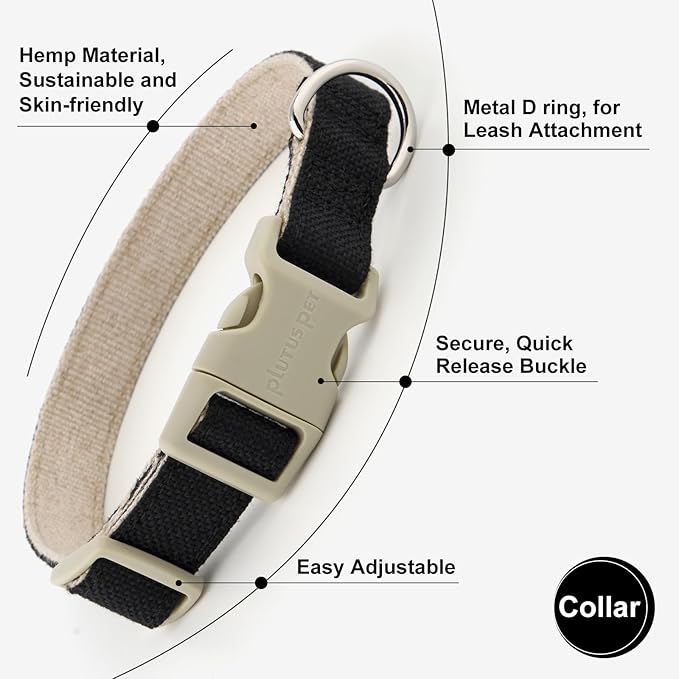 Plutus Pet Cotton Hemp Dog Collar and Leash Set, Adjustable Collar for Small, Medium, and Large Dogs, Heavy Duty and Soft on Skin, Black, L