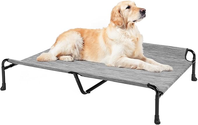 Veehoo Elevated Dog Bed, Raised Dog Cots for Large Dogs, Waterproof Outdoor Dogs Bed, Cooling Pet Hammock with Guardrail, Upgraded Non-Slip Feet, Breathable Teslin Mesh, Black Silver, 53x 33 inches