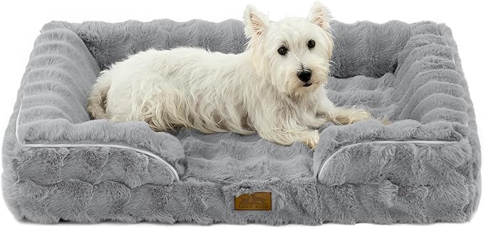 Orthopedic Dog Bed for Large Medium Size Dog, Soft and Warm Faux Fur Sofa for Pet Up to 75 lbs, Foam Bolster Anti-Slip Couch with Washable Removable Cover, L 36x27x6.5 inch, Grey