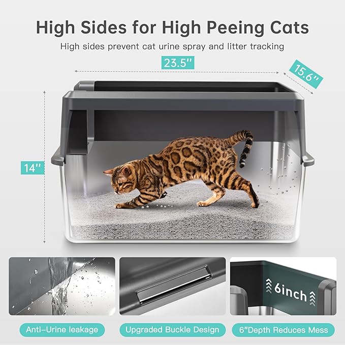 Stainless Steel Litter Box with Lid, 14” XL Stainless Steel Cat Litter Box Enclosure, Extra Large Metal Cat Box, Non-Sticky, Anti Leakage, Easy Cleaning Litter Pan, Include Scoop (Gray)