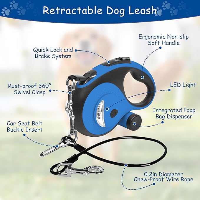 26Ft Retractable Dog Leash - for Dog Up to 110lbs, Tangle Free Walking Leash with Chew Proof Cable | LED Light | Dispenser | Poop Bags, Quick Lock Braking & Non-Slip Handle (Blue)