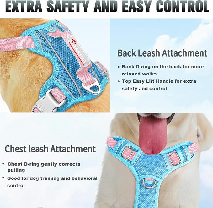 BARKBAY No Pull Dog Harness Large Reflective Dog Harness with Front Clip and Easy Control Handle for Walking Training Running with ID tag Pocket(Baby Blue & Baby Pink,XS)
