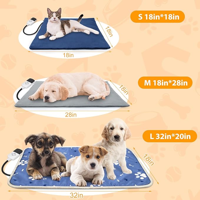 Cat Heating Pad Outdoor, Heated Cat Bed for Dogs, Indoor Warming Electric Pet Heating Pad with Chew Resistant Cord, Waterproof Heated Pet Mat with Adjustable Temperature & Time Kitten 18"*18"