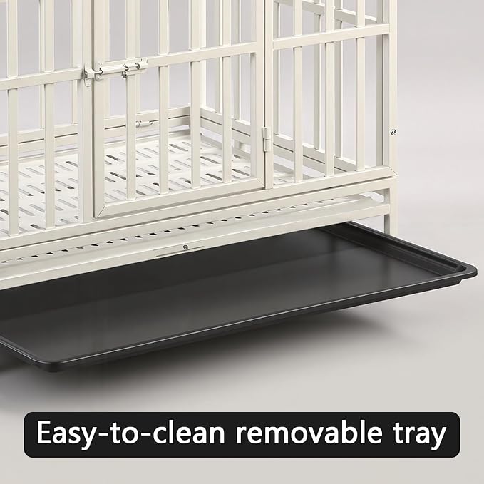 Escape-Proof Heavy Duty 38" Dog Crate, Indestructible Steel Kennel for Large & High-Anxiety Dogs with with Removable Tray, Double Door Design with 4 Wheels and Reinforced Baseplate