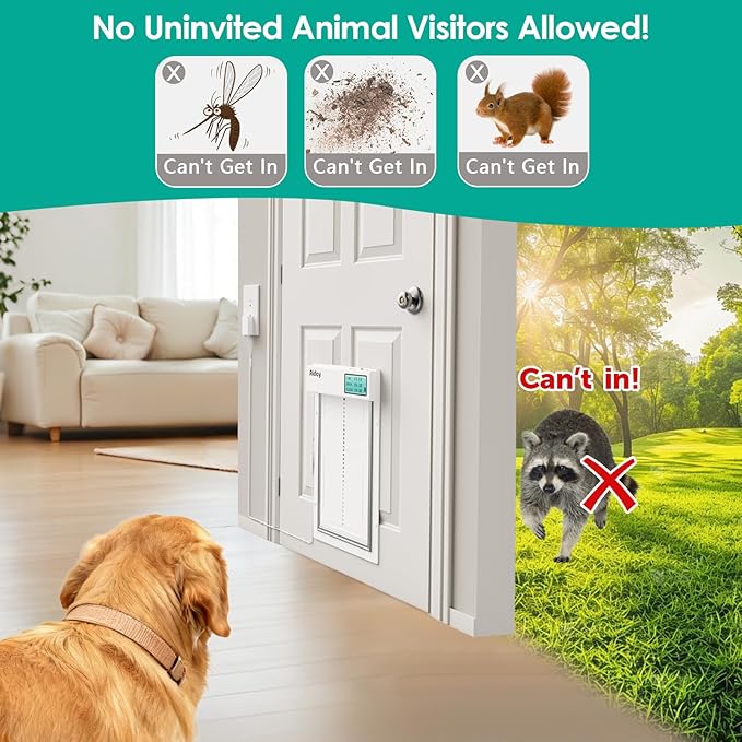 Automatic Dog Door with Collar Sensor, 2-Flap Electronic Large Dog Door for Door with Anti-Pinch, Mains-Powered, Timing Function, LCD Display, Metal Frame- L