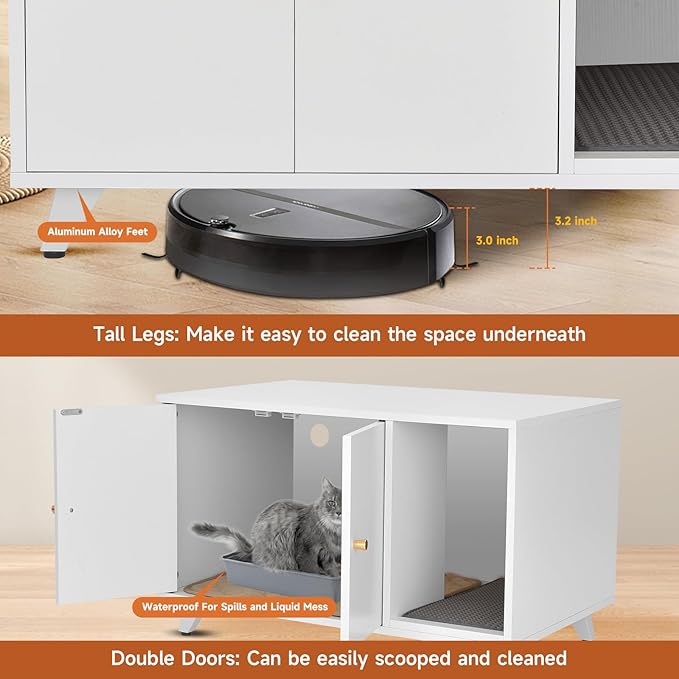 Cat Litter Box Enclosure, Hidden Litter Box Furniture Washroom Storage Cabinet, Modern Cat House with Scratche Pad (White)