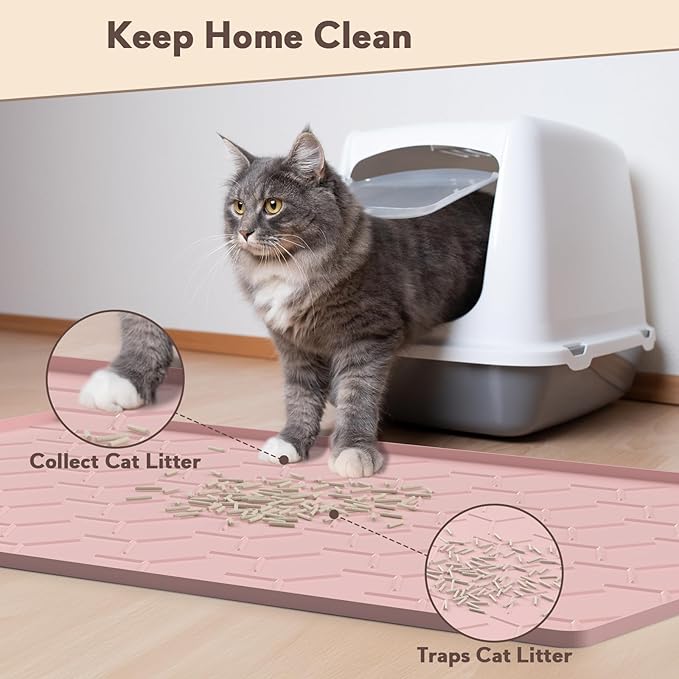 Silicone Cat Litter Trapping Mat, Large Waterproof 34" X 22" Cat Litter Box Mat, Easy to Clean, Pink