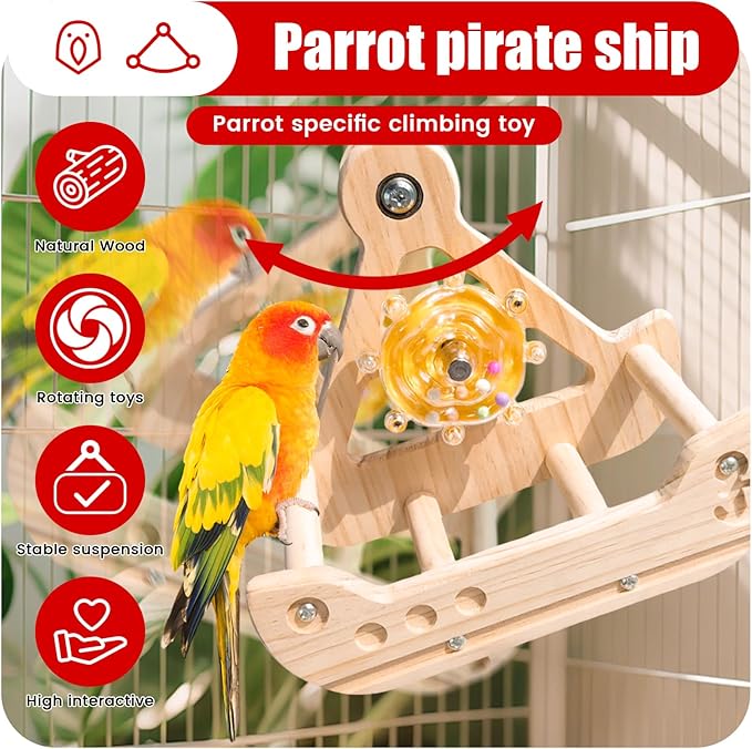 Bird Perch Toy, Interactive Rotating Toy, Wooden Parrot Perches, Bird Cage Accessories, Safe Wooden Construction, for Parakeets, Cockatiels & Small Parrots, PRO