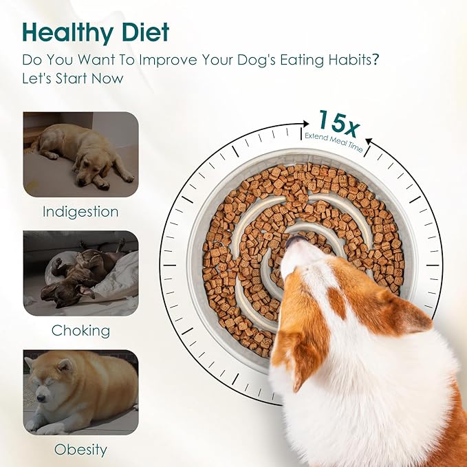 vancasso Slow Feeder Dog Bowl, 1.5 Cups Ceramic Slow Feeder for Medium Breed, Puzzle Maze Dog Food Bowl for Fast Eater, Light Gray