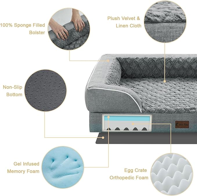 Orthopedic Dog Beds for Extra Large Sized Dogs, Waterproof Memory Foam XL Pet Bed with Sides 42x30Inch, Non-Slip and Egg-Crate Foam Big Dog Couch Bed with Removable Washable Cover, Grey