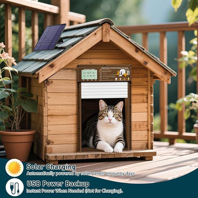 Solar Automatic Cat Door, 5 Smart Modes (Radar, Timer, Light Sensor, Remote, Manual), Aluminum Pet Door for Interior Exterior Doors, Solar Powered or USB Plug-in, Cats (Brown)