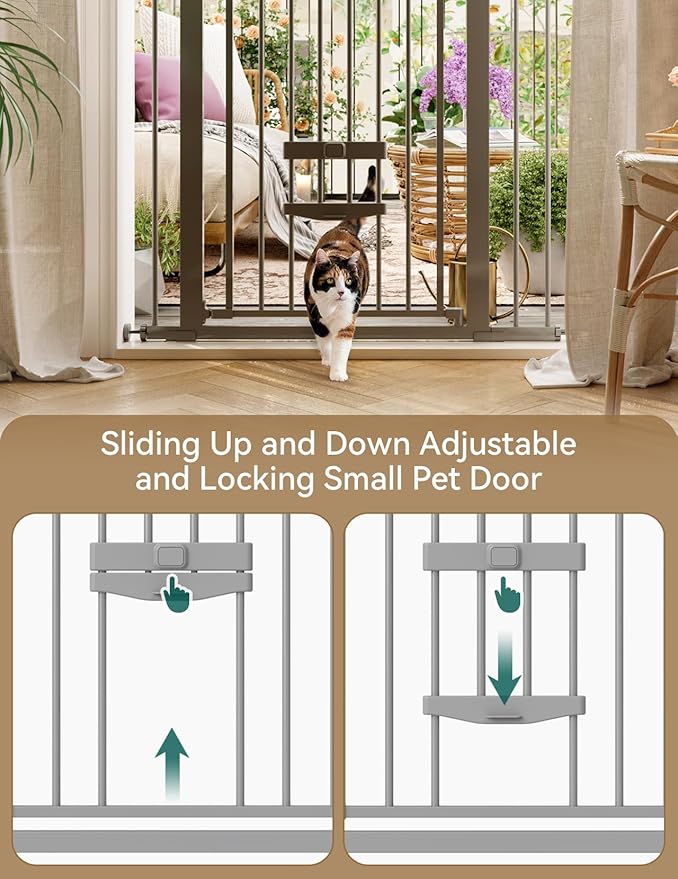 BABELIO 36 Inch Extra Tall Baby Gate with Cat Door, 29-40" Metal Pet Door for Stairs, Doorways, House, Auto Close, Easy Walk Thru, Gray