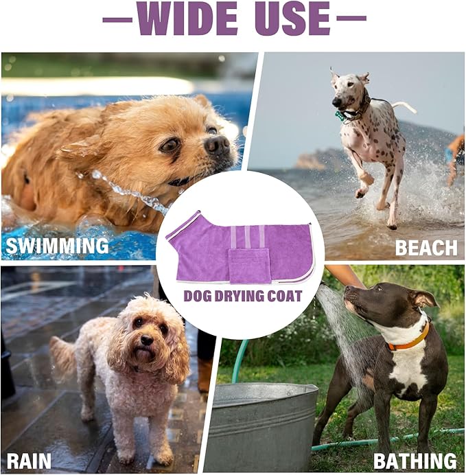 Dog Robe - Fast Drying Towel - Microfiber Super Absorbent Pet Bathrobe, Adjustable Collar & Belly Strap (Purple, XX-Large)